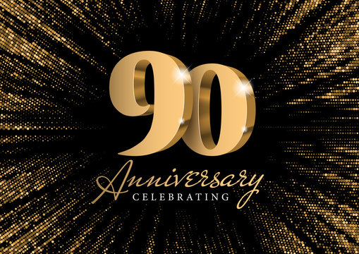 Anniversary 90. gold 3d numbers. Against the backdrop of a stylish flash of gold sparkling from the center on a black background. Poster template for Celebrating 90th anniversary event party. Vector