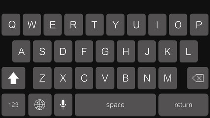 Smartphone keyboard in dark mode. Alphabet buttons in modern style. Mobile phone tab bar for text app in black.
