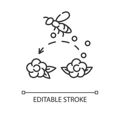 Pollination linear icon. Working bee collecting nectar. Beekeeping thin line customizable illustration. Contour symbol. Honeybee pollinating flowers vector isolated outline drawing. Editable stroke