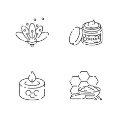 Homemade bee products linear icons set. Flower pollen, natural cosmetics, beeswax candle and propolis. Customizable thin line contour symbols. Isolated vector outline illustrations. Editable stroke