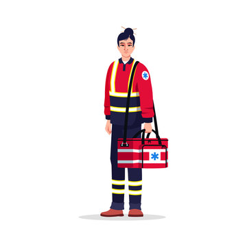 Paramedic semi flat RGB color vector illustration. Emergency medical technician. Critical help doctor. Asian woman working as EMT with medical bag isolated cartoon character on white background