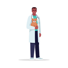 Pediatrician semi flat RGB color vector illustration. Children care doctor. Hospital personnel. Young african american man working as pediatrician isolated cartoon character on white background