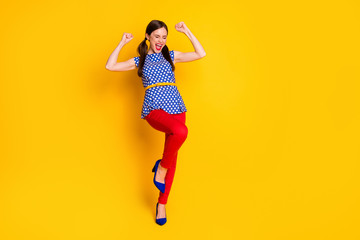 Full length body size view of her she nice attractive pretty lovely cheerful cheery girl celebrating attainment great luck news isolated bright vivid shine vibrant yellow color background
