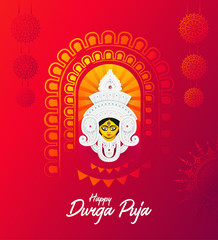 Happy Durga Puja Festival Greeting Background, Hindu Goddess Durga Face Illustration