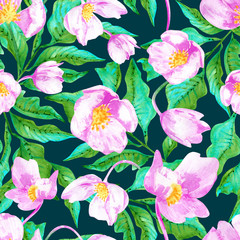 Cute seamless floral pattern in watercolor pink flower and green leaf on black background