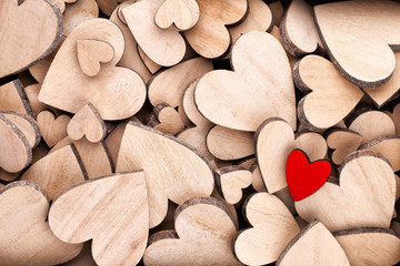 Fototapeta premium Red heart, valentine day greeting card. Wooden hearts background.