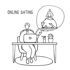 Couple chatting online during pandemic. Man and woman flirting online on dating site. Virtual dating concept. Vector flat illustration. Linear vector graphic