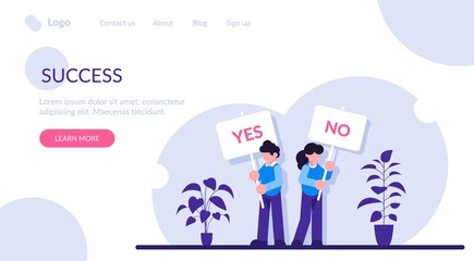 Pros and cons. Man and woman at gathering to decide advantages and disadvantages, ideas for and against. Holding yes, no signs. Modern flat illustration.