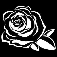 Rose blooming icon. Vector illustration of a rose bud with leaves. Hand drawn beautiful rose flower.