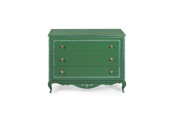 vintage chest of drawers in classic style with carved elements green color on a white background