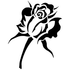 Rose blooming icon. Vector illustration of a rose bud with leaves. Hand drawn beautiful rose flower.
