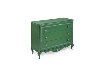 vintage chest of drawers in classic style with carved elements green color on a white background