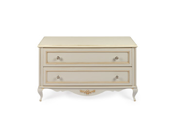 vintage chest of drawers in classic style with carved elements vanilla color on a white background