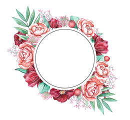 Watercolor floral wrath drawn by hand. Frame for decorations with bright elegant flowers - peonies. anemones, leaves, etc. Great for invitations, cards or stickers design