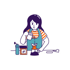 flat line illustration cute barista happy woman make coffee