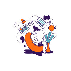 flat line illustration woman browsing website social media on sofa