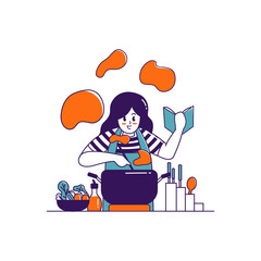 flat line illustration cute happy woman cooking food in kitchen
