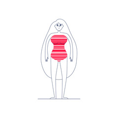 Character design of smiling girl with long hair in a red-white striped swimsuit, flat line style on white background. Personage for infographics, animation, magazine, books.