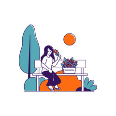 woman sitting on bench with a flower basket flat illustration
