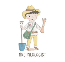 Cartoon illustration of a archaeologist . Kids workers. Child professional. Cute vector alphabet. Letter A - archaeologist. - 372644888