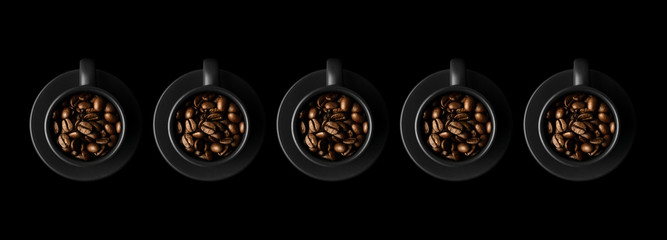 Five black cups with coffee beans and saucers on black background. Flat lay.