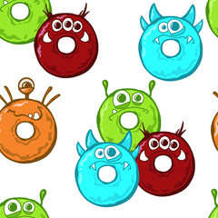 Seamless pattern with glazed color monsters donuts, vector illustration