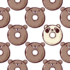 Seamless pattern with glazed bear and panda donuts, vector illustration