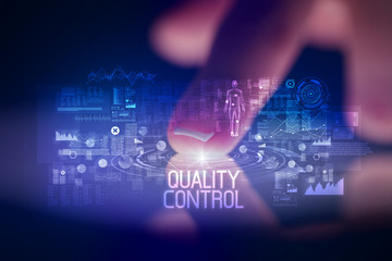 Finger touching tablet with web technology icons and QUALITY CONTROL inscription