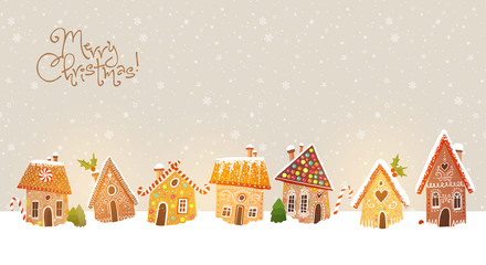 Christmas greeting card with cute gingerbread houses