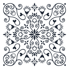 Decoration from a silhouette of flowers, twisted lines, hearts in a square, central element of flower star. Print for the cover of the book, postcards, t-shirts. Illustration for rugs.