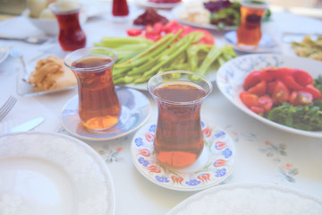 Turkish tea and breakfast on table in the morning