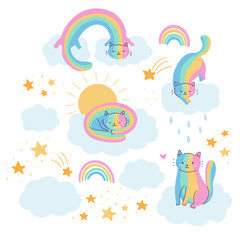 Kawaii rainbow cats on clouds. Fantasy vector illustration for kids. Hand drawn kittens, sky, sun and stars. Doodle animals.
