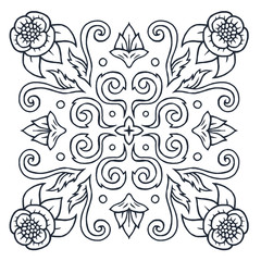 Ornament of silhouette flowers, circles, twisted leaves in a square, central element of flower star. Print for the cover of the book, postcards, t-shirts. Illustration for rugs.