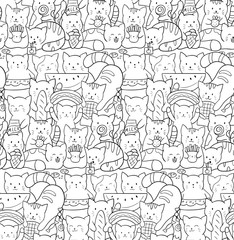 Fototapeta premium Vector seamless pattern with cute kawaii cats. Kittens with fast food and sweets. Doodle black and white illustration. Perfect for print on fabrics, paper, wallpaper and scrapbooking. Coloring page.