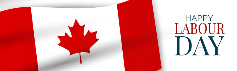 Labour Day banner or header. Canadian red and white bunting flag background. Canada national workers holiday concept. Vector illustration.