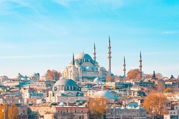 Naklejka premium 23.10.2019 Istanbul, Turkey. View of autumn Istanbul and the historical Hagia Sophia temple. Copy space