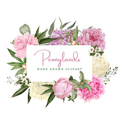 Decorative watercolor floral frame, white and pink peonies © nurofina