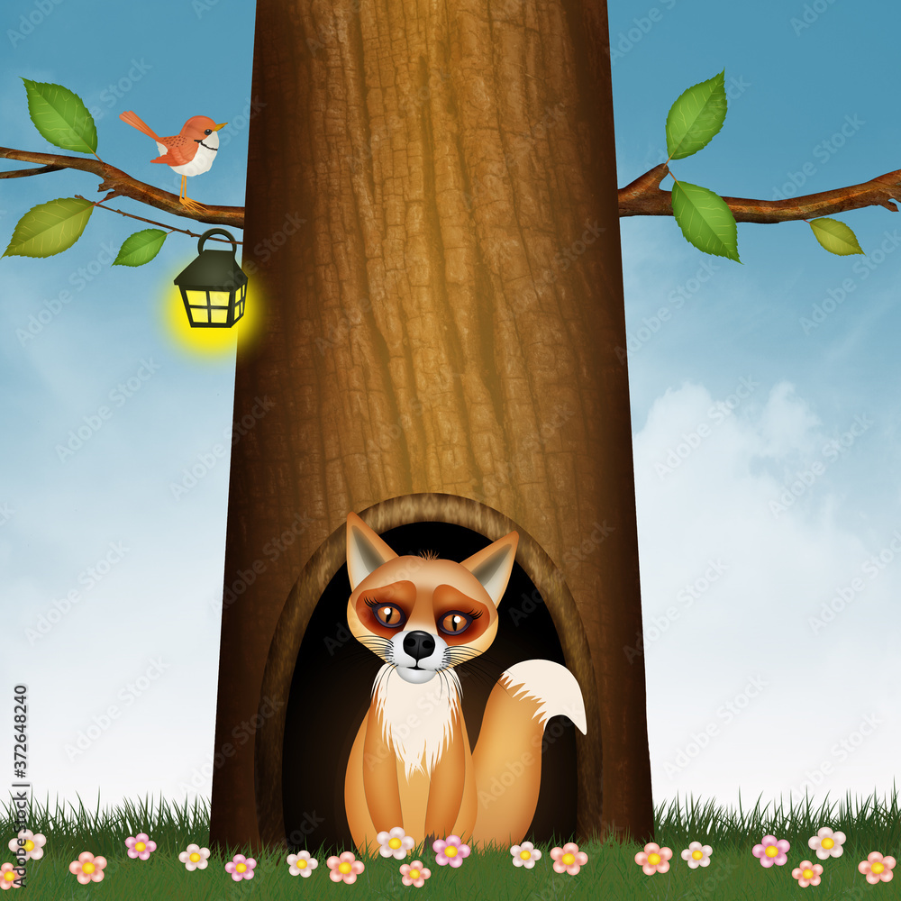 Wall mural illustration of red fox in the den in the tree trunk