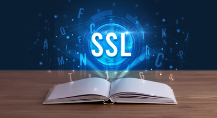 SSL inscription coming out from an open book, digital technology concept