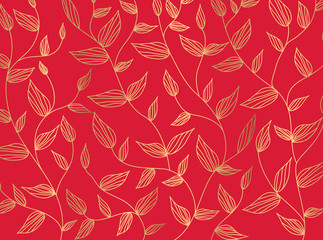 Gold  floral vector pattern.  Rose gold leaf  vector pattern.  Seamless rose gold red  background.  Abstract  seamless floral red  pattern. 