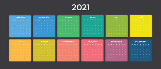 2020 Calendar - illustration. Template. Mock up Week starts Sunday.