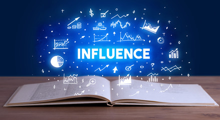 INFLUENCE inscription coming out from an open book, business concept