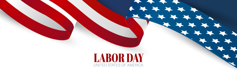 Labor Day banner. USA national federal holiday header design. American flag waving ribbon background. Realistic vector illustration.
