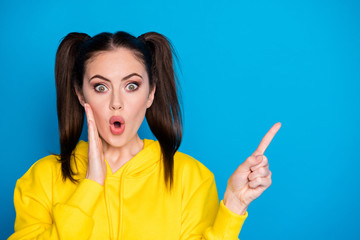 Photo of attractive crazy lady two tails hairstyle direct finger side empty space showing sale...