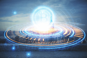 Double exposure of crypto currency theme hologram drawing and city veiw background. Concept of...