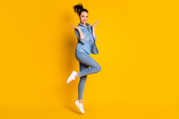 Fototapeta na wymiar Full body photo of charming cute pretty girl jump enjoy spring free time weekend wear good look clothes isolated over vivid color background