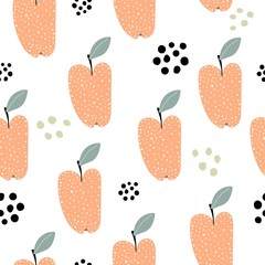 Seamless pattern with cartoon apple, decor elements. fruit theme. vector. hand drawing. design for fabric, print, wrapper, textile