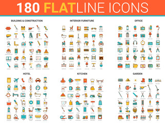 Flat thin line icons, vector illustration creative modern design collection with city house building construction, interior furniture for home, hotel office or kitchen and garden tools outline set