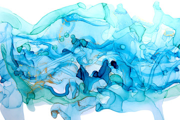 Alcohol ink blue and gold abstract background. Ocean style watercolor texture.