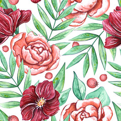 Watercolor seamless pattern with flowers drawn by hand. Floral background with bright elegant elements - peonies. anemones, leaves, etc